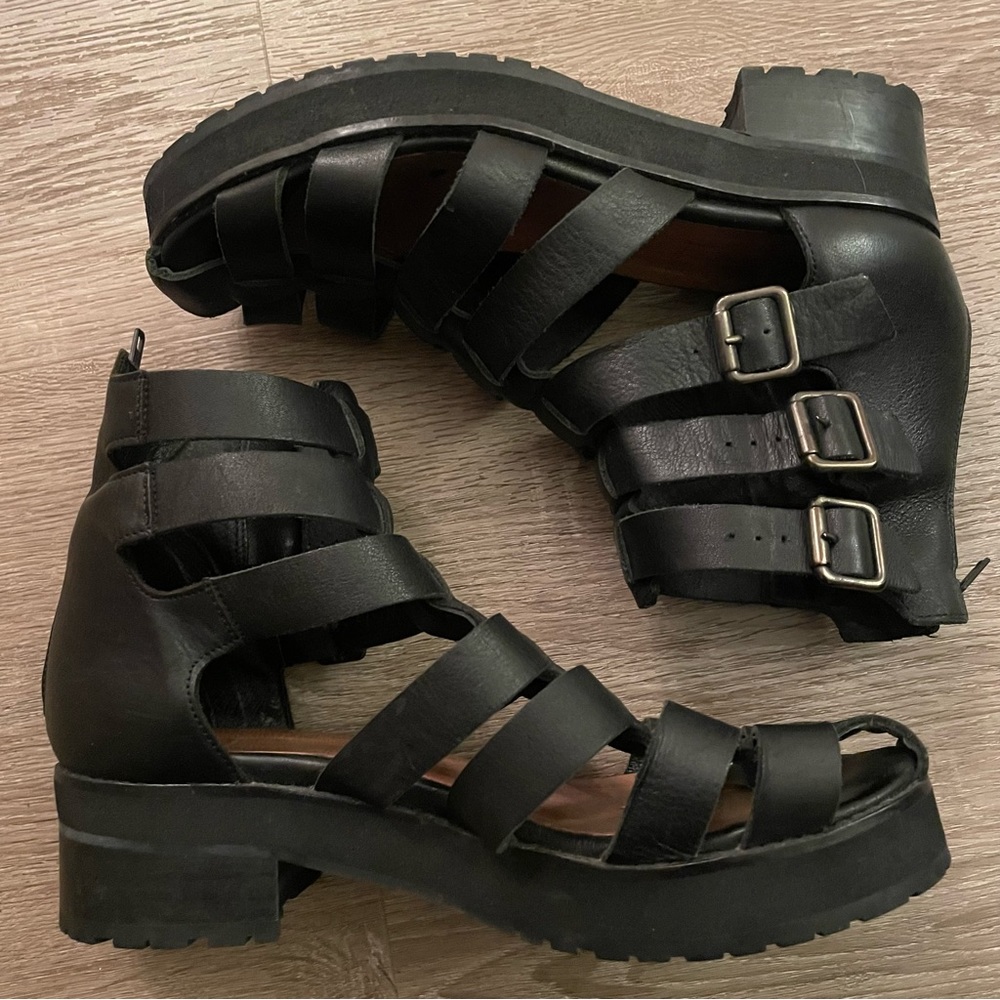 🖤 Topshop Black Strappy Heeled Leather Ankle Sandles Buckles Goth Streetwear 🖤